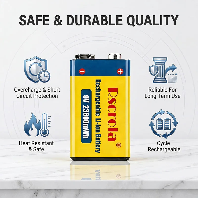 Long-Lasting 9V Lithium ion Rechargeable Battery 23600mWh High Capacity for Guitar Microphone Smoke Detector Pedal with Cable Oasis Select