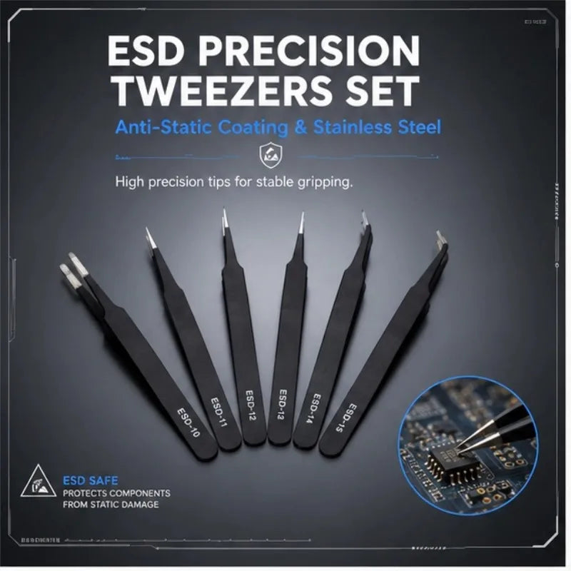 6pcs Precision Long Tweezers Set ESD Anti-Static Stainless SteelTweezers Repair Tools For Electronics Repair Soldering Craft Oasis Select