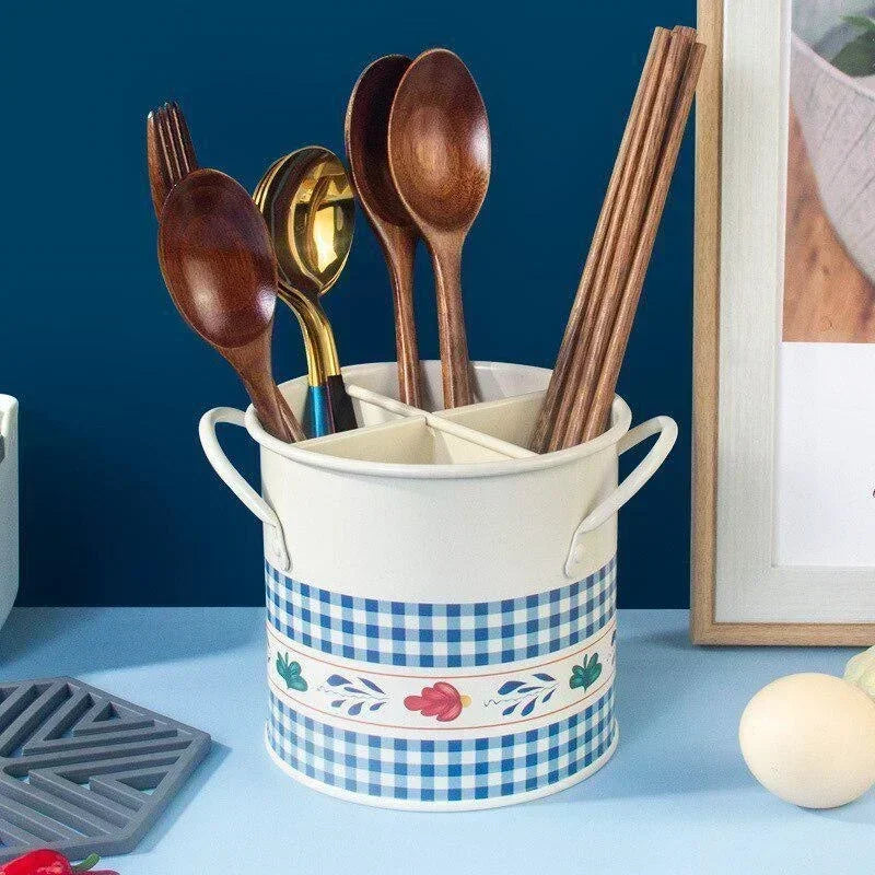 Retro Tableware Storage Bucket Draining Rack with Divider Kitchen Knife and Fork Storage Box Home Decoration for Kitchen Tools Oasis Select