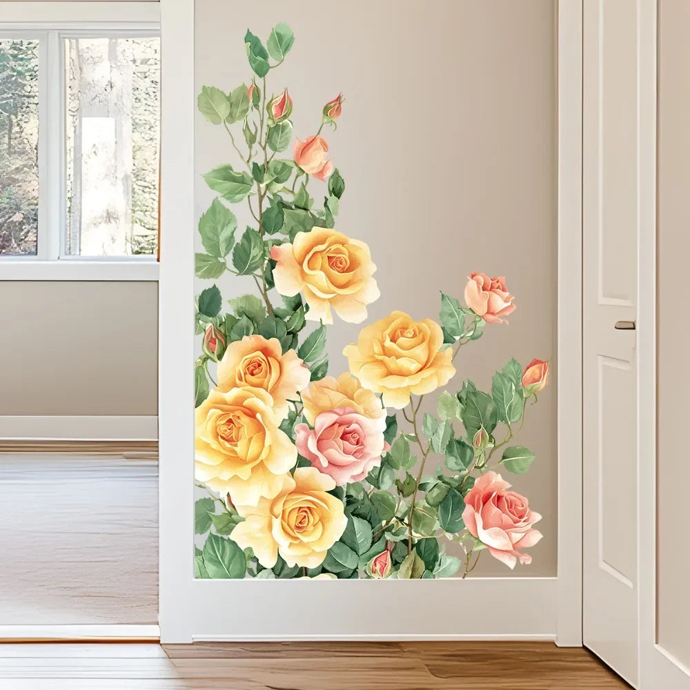 Vibrant Hand Drawn Rose Floral Self Adhesive Wall Murals Suitable for Bedroom Living Area Household Wall Background Decor Oasis Select