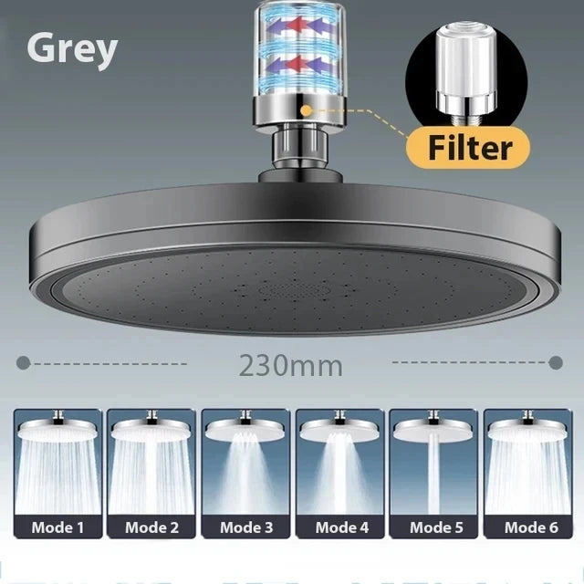 New 6 Modes Big Panel Large Flow Supercharge Rainfall Shower Head High Pressure Top Rain Shower Faucet Bathroom Accessories Oasis Select Grey with filter