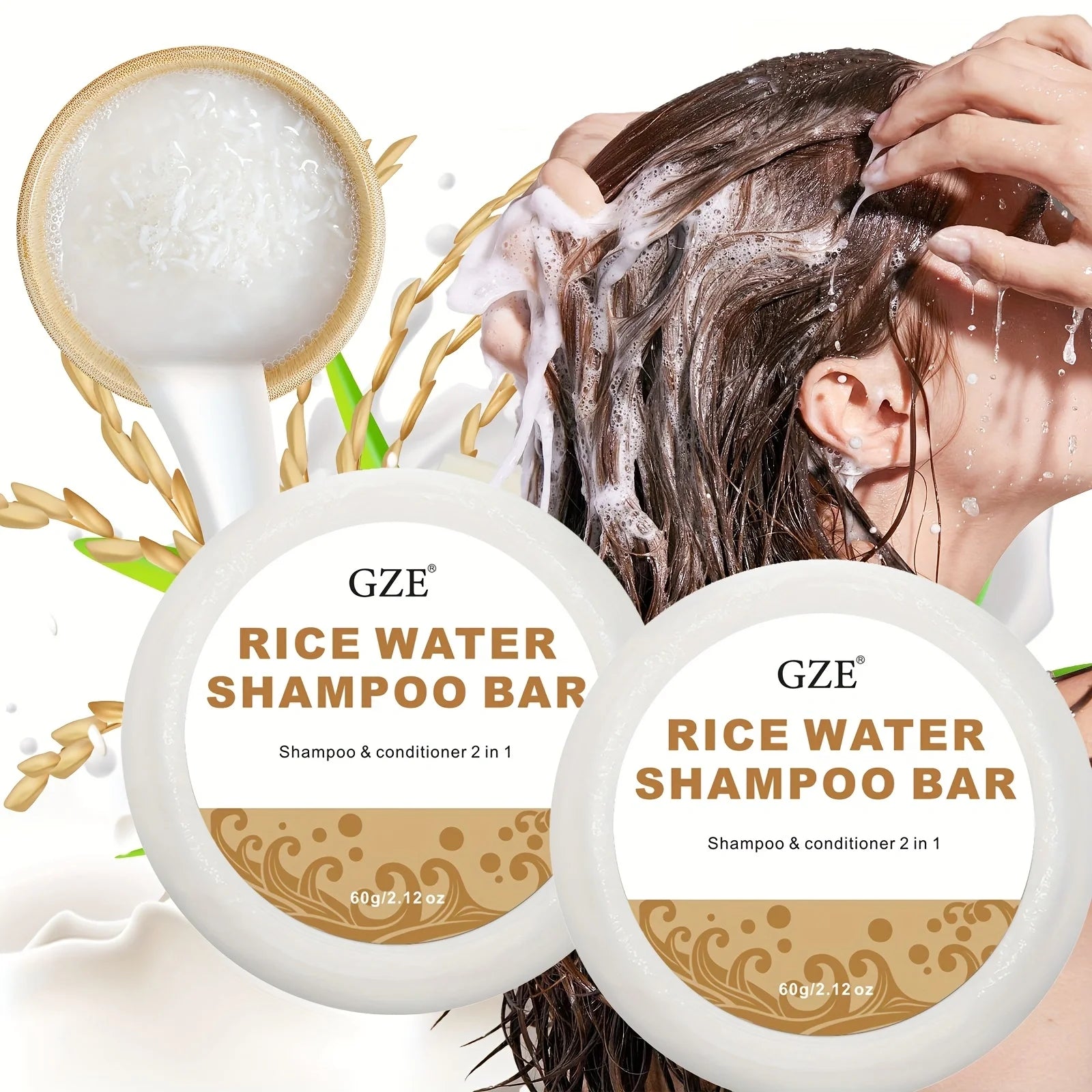 GZE Rice Water Shampoo Bar – Protein-Enriched Solid Bar 2-Pack