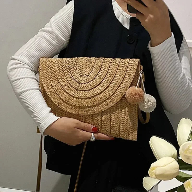Handmade Straw Beach Shoulder Crossbody Bag Girls Envelope Woven Summer Small Hair Ball Cluth Oasis Select