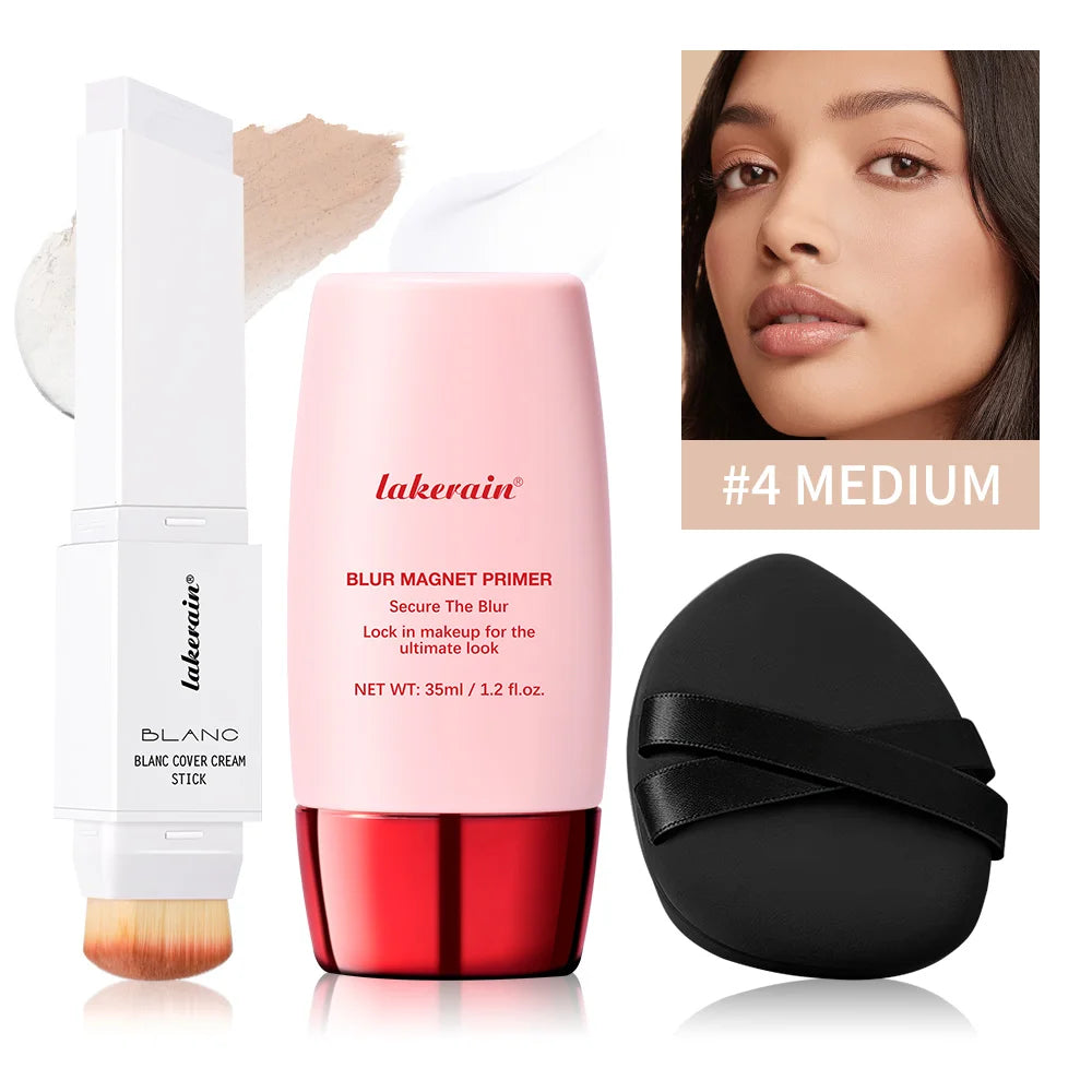 Blur Magnet Primer & Color-changing Foundation Stick Blurring Pores Matte Finish High Coverage Concealer Korean Makeup Combo Oasis Select SET 4