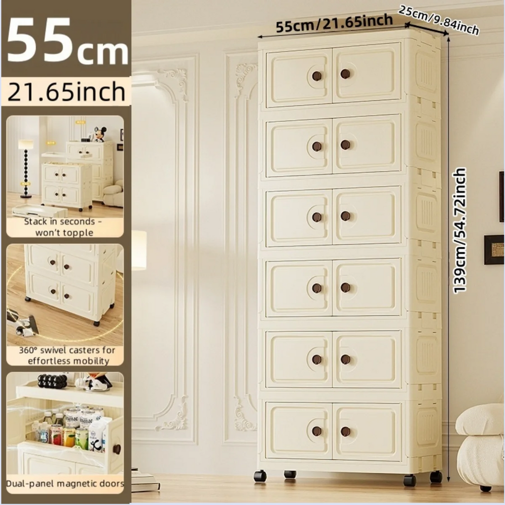 55cm Foldable Large Double-Door Storage Cabinet with Swivel Casters,3-6 Tier,Bedroom/Kitchen/Living Room Oasis Select Cream-6-Layers