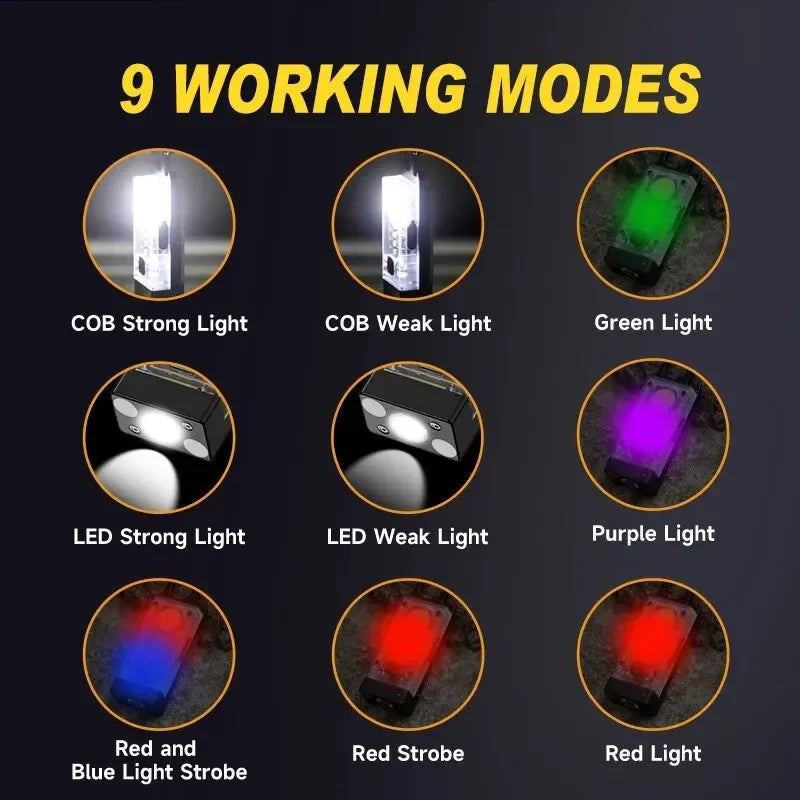 COB Keychain Work Light with Dual Light Source Rechargeable Solar Powered 9Mode Magnet Base for Camping Fishing Repair Walk Oasis Select