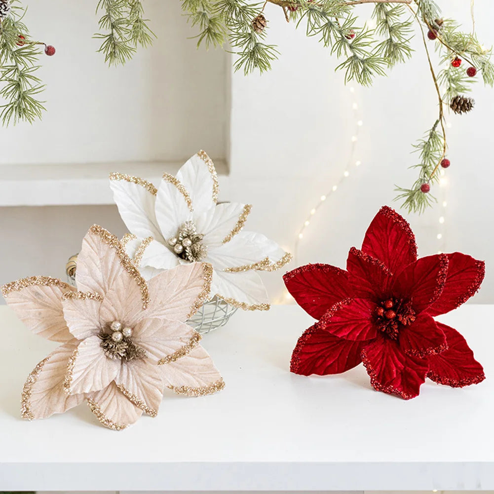 30cm Glitter Christmas Poinsettia Flowers Realistic Xmas Trees Hanging Flower Merry Christmas Decorations Gifts Happy New Year Oasis Select