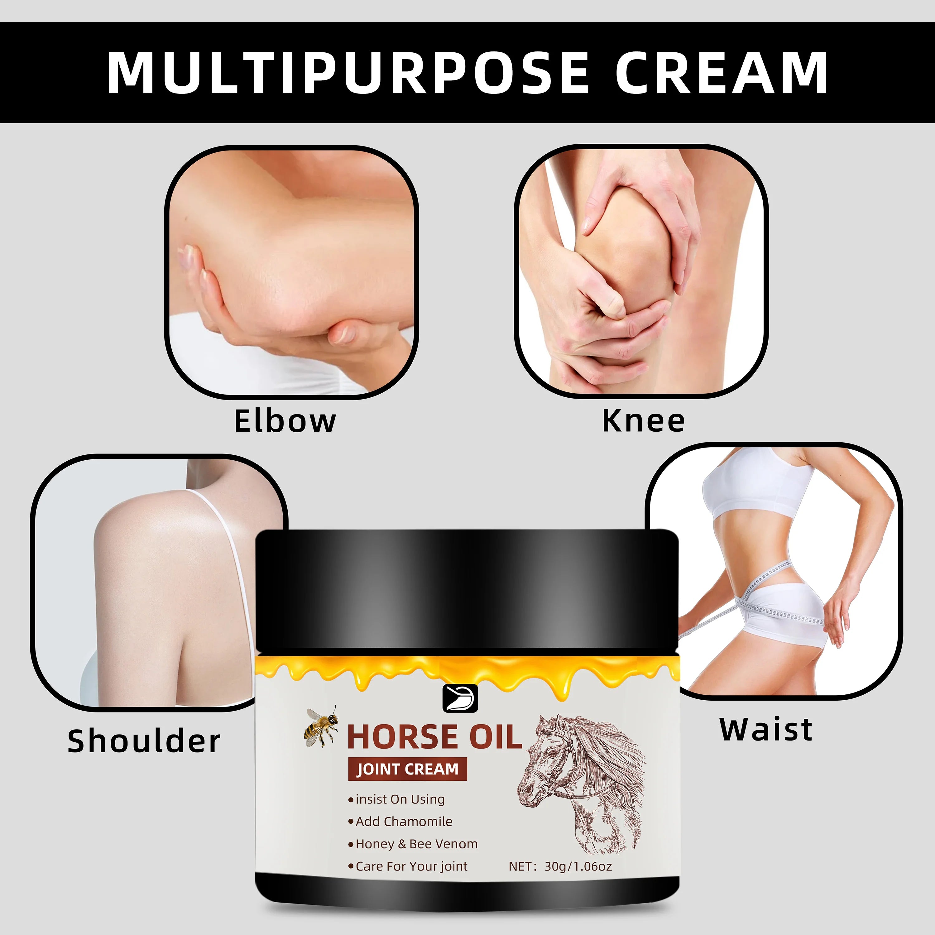 Horse Oil Joint Cream - Fast Absorbing, Non-Greasy Moisturizer for Elbows, Knees & Joints. Fragrance-Free, All Skin Types. 30g/5 Oasis Select
