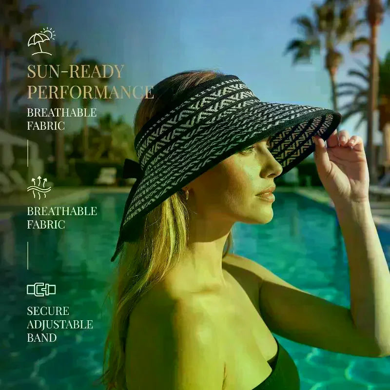 Women's Wide Brim Empty Top Straw Sun Visor Cap Summer UV Protection Foldable Casual Beach Travel Hat Oasis Select