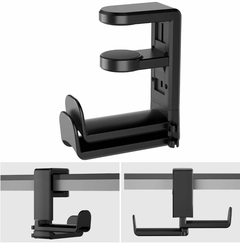 PC Gaming Headphone Stand Headset Hook Holder, Hanger Mount With Adjustable 360° Rotating Arm Clamp, Desk Mount Universal Bag Oasis Select Double Hook Black