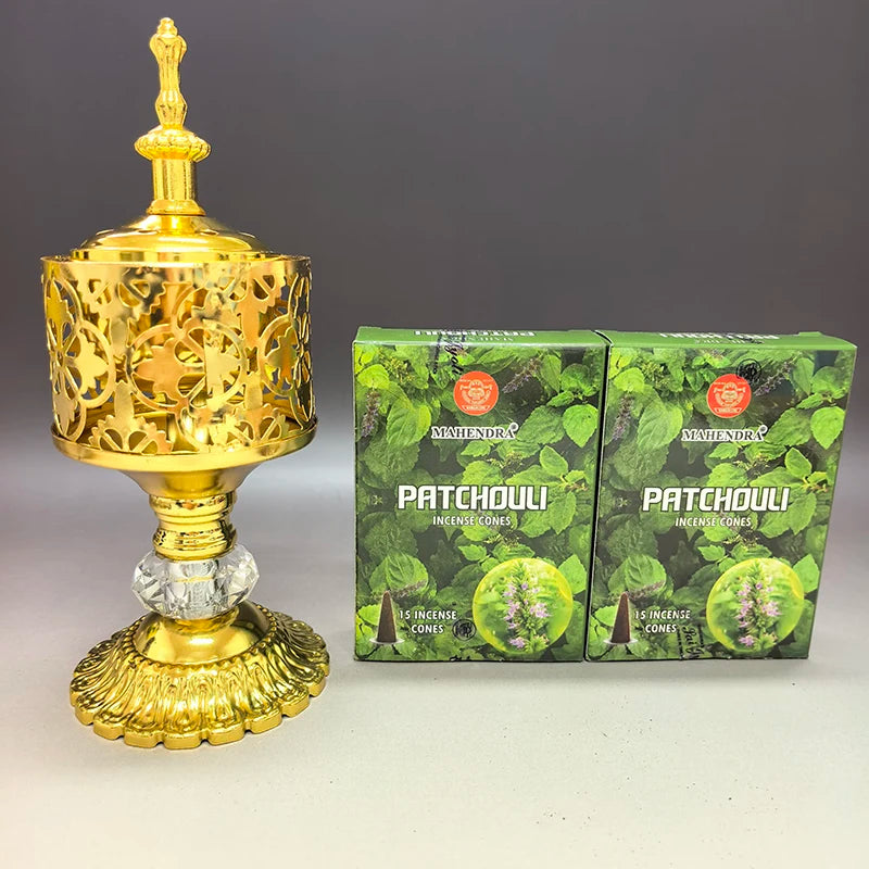 2Pack Mahendra Incense Cones with 1pc Hollow Incense Burner Set，for Yoga Meditation，Home Fragrance Sandalwood Patchouli Lasting Oasis Select C-patchouli