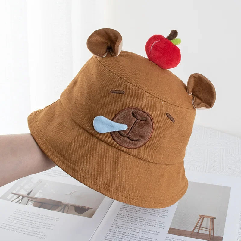 1-4PCS Cute Capybara Apple Bucket Hat for Women Cartoon Fisherman Hat Sun Protection Casual Summer Beach Outdoor Oasis Select Brown-1PC