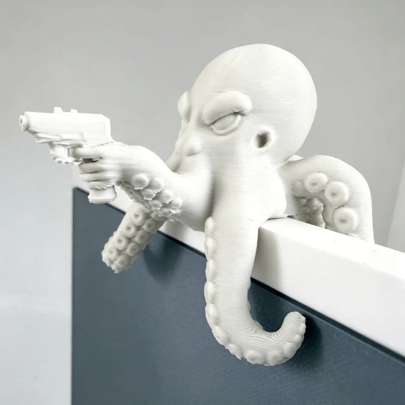 Novelty Angry Octopus Holding Pistol Statue 3D Printed Desk Decor Miniatures Octopus Ornaments for Shelf Monitor Desk Edge Gifts Oasis Select