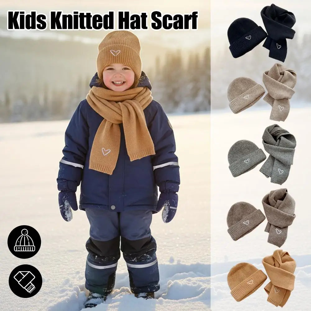 Winter Warm Solid Color Kids Knitted Hat Scarf Love Heart Embroidery Autumn Baby Beanie Outdoor Anti-cold Boys Girls Cap Scarves Oasis Select