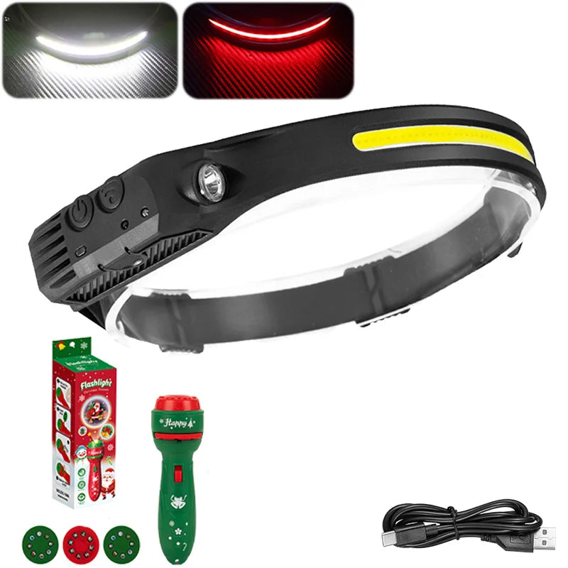 COB LED Headlamp Induction Head Lamp Built-in Battery USB Rechargeable Head Flashlight Outdoor Camping Fishing Sensor Headlight Oasis Select 1PC with Green Gift