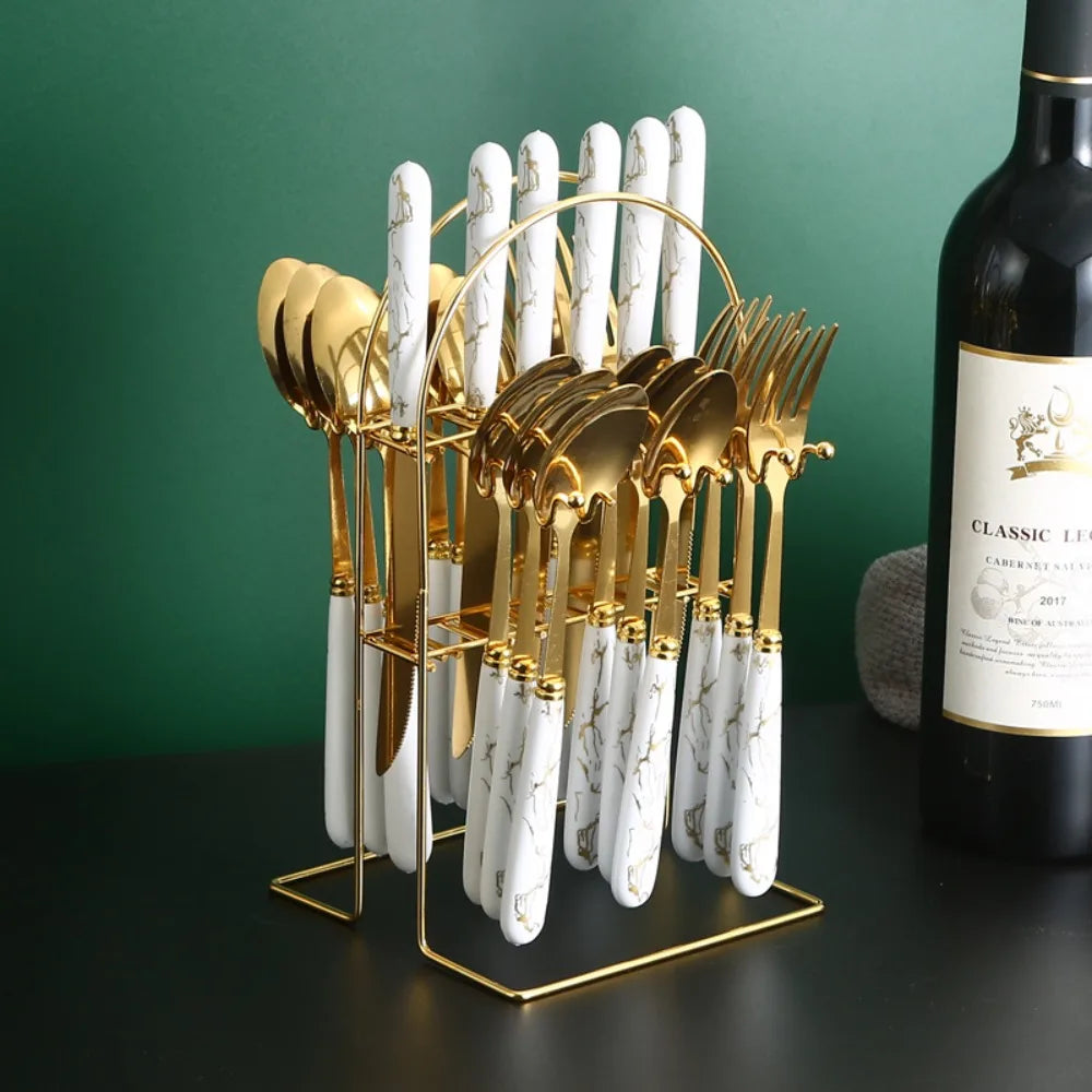 24-Piece Marbled Stainless Steel Cutlery Set with Storage Rack Cutlery Flatware Set Oasis Select