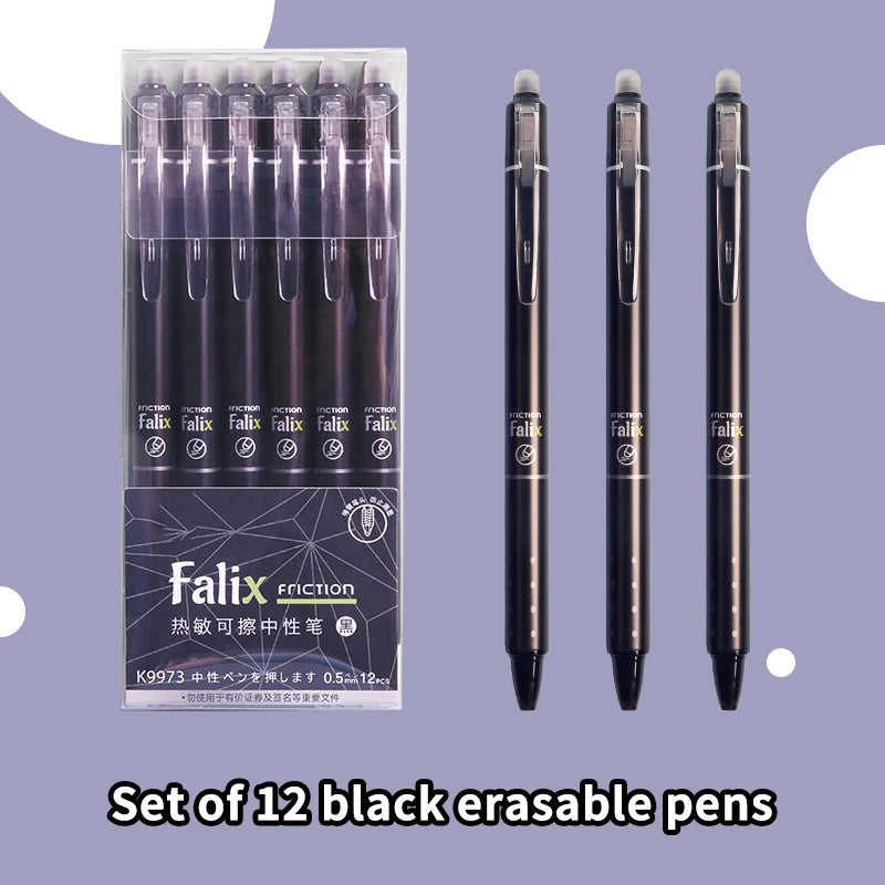 12Pcs 0.5mm Erasable Gel Pen Set Press Type Ballpoint Pen School Office Stationery Supplies Smooth Writing Oasis Select Black