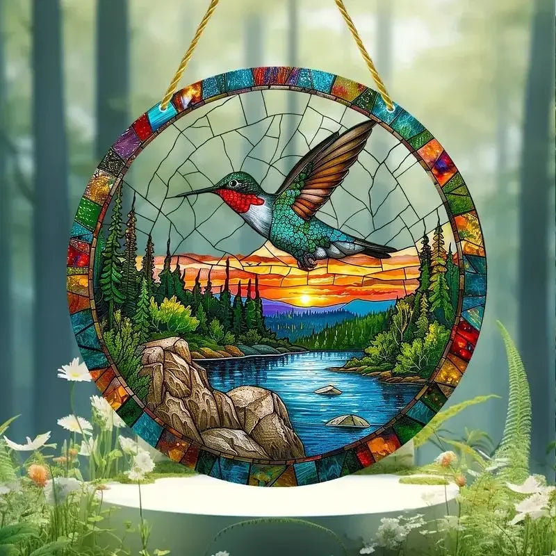 NEW Acrylic Painted Hummingbird Pendant Bird Floral Pattern Suncatcher Round Wreath Porch Window Outdoor Patio Hanging Ornaments Oasis Select Style H-15cm