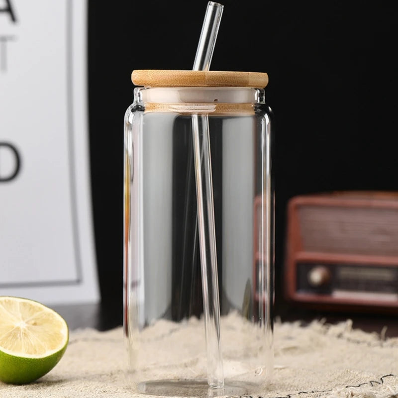 450ml/550ml Glass Cups with Bamboo Lids and Straw 1pc Mason Jars Coffee Mug Beer Can Shaped for Cocktail Milk Juice Cola Gift Oasis Select