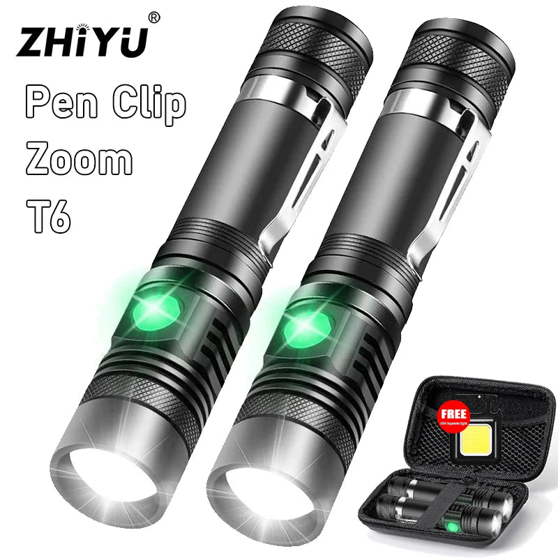Super Bright T6 Flashlight USB Rechargeable Tactical Zoom Torch Portable Pen Clip Work Lamp Outdoor Camping Fishing Flashlight Oasis Select