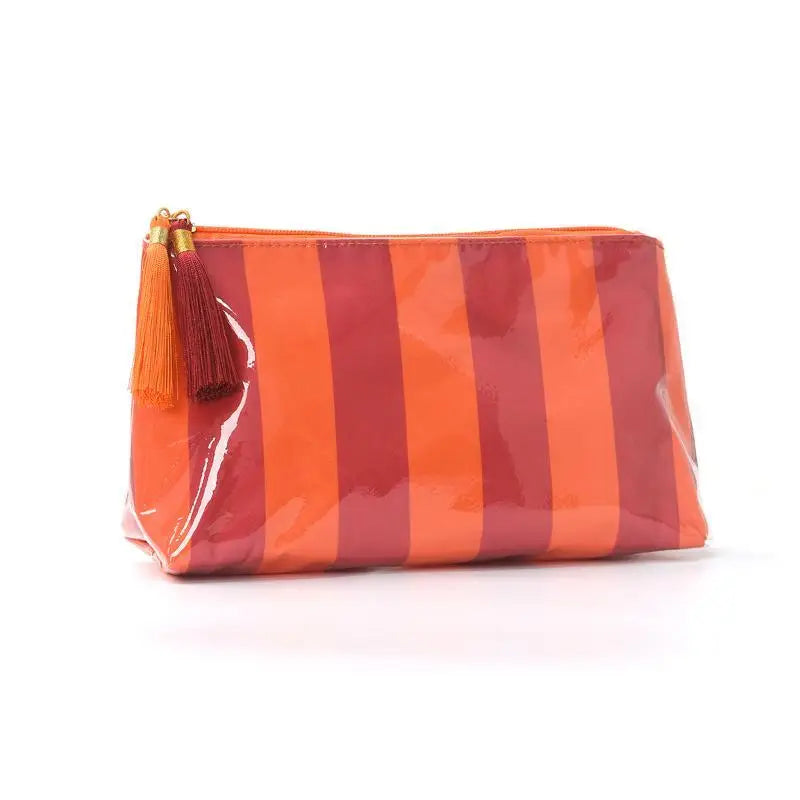 Waterproof Striped PVC Cosmetic Bag with Tassel Zipper