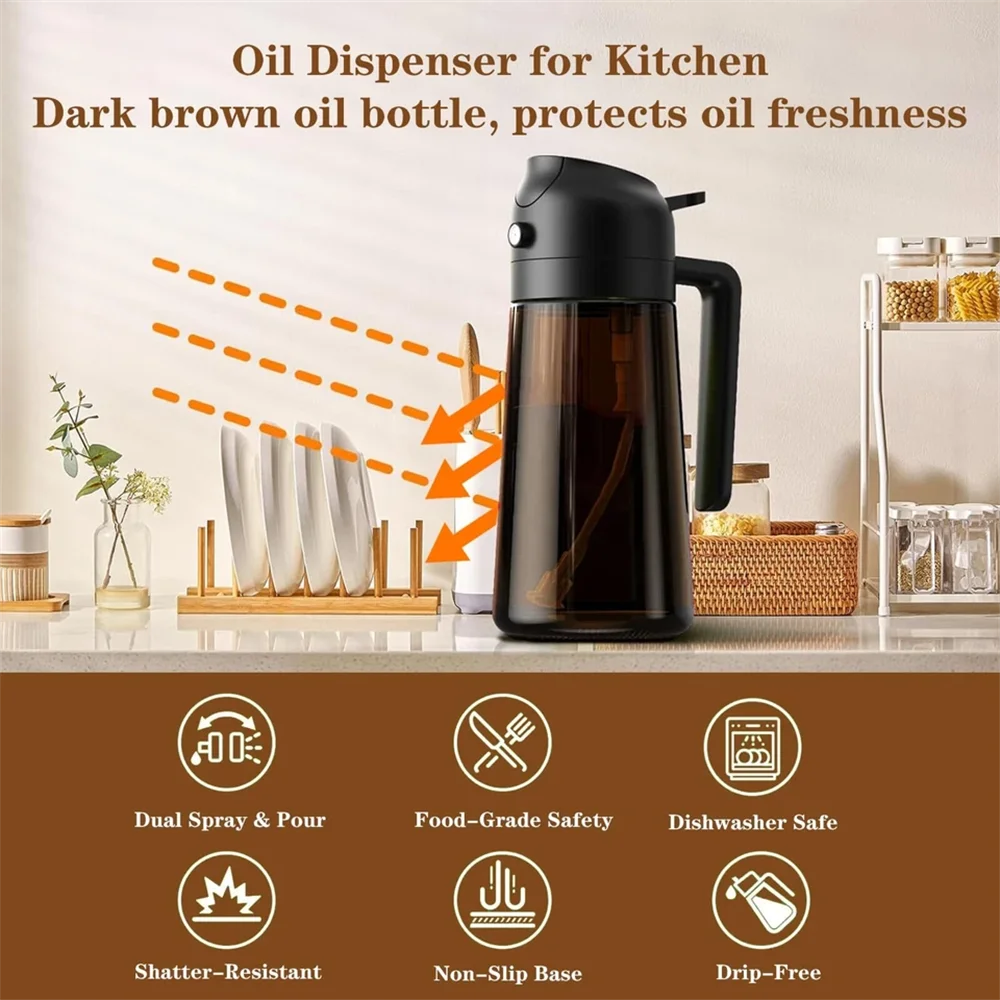 2-in-1 Glass Oil Sprayer & Dispenser, 16oz Leakproof Olive Oil Bottle for Cooking, Air Fryer, Salad, BBQ Olla de aceite Oasis Select