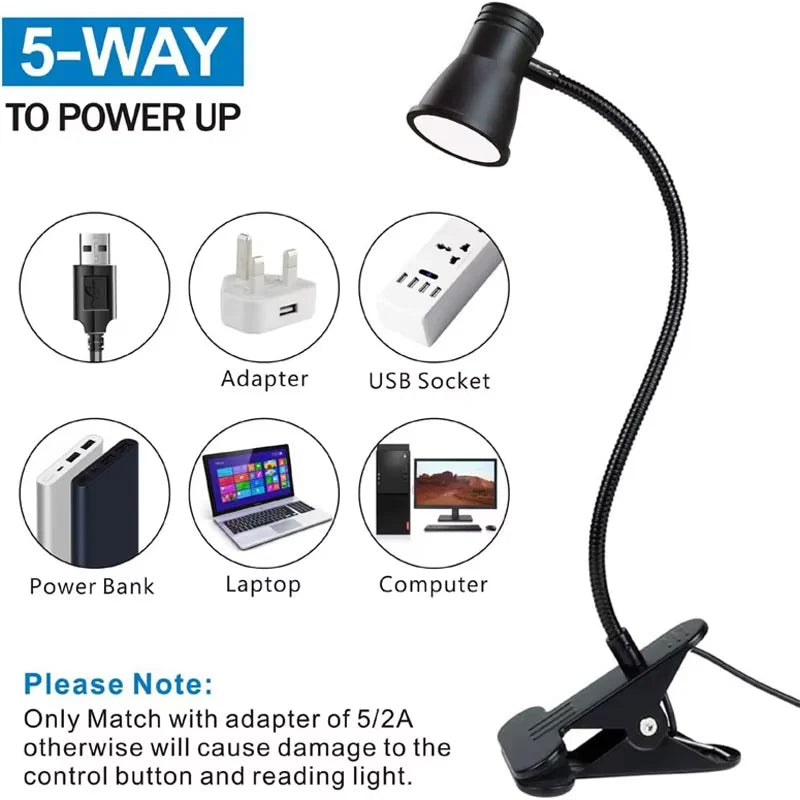 3 Colors Dimmable Desk Lamp Night Light Bedroom Bedside USB Table Lamp LED Clip Lamp Eye-protection LED Book Light Oasis Select