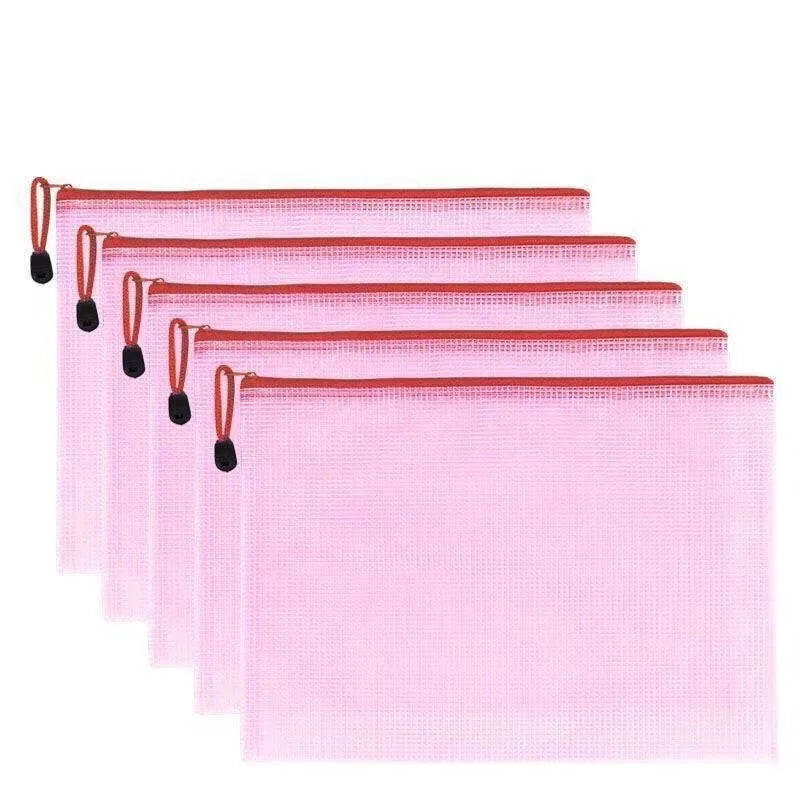 5pcs Thickened A4 file bag with zipper, PVC transparent mesh, large capacity student stationery, office supplies, data file bag Oasis Select Pink