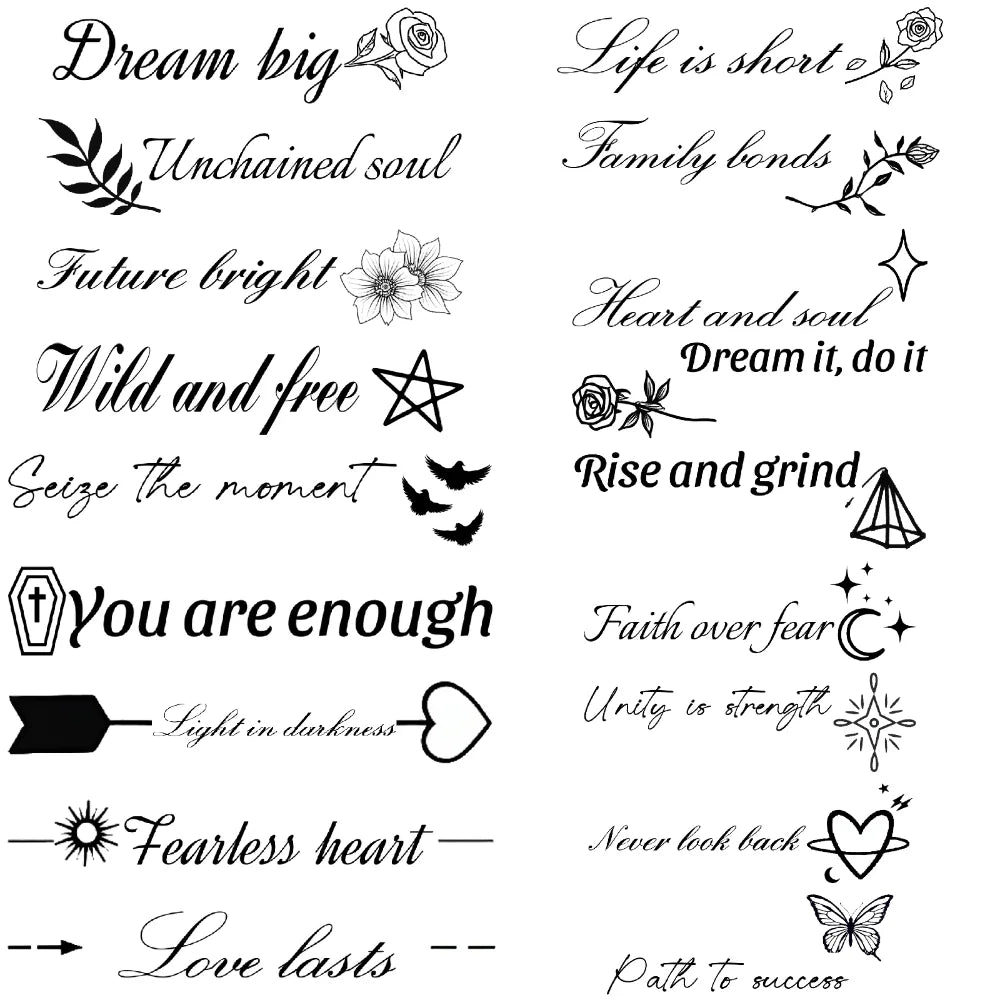 Waterproof Temporary Tattoo Stickers – Black Words & Feather