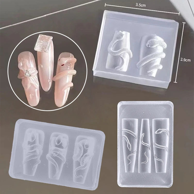 1/3Pcs 3D Nail Silicone Carving Mold Snake DIY Nail Decoration Art Nail Beauty Charm Silicone Nail Mold Nail Nails Products Oasis Select MR-04