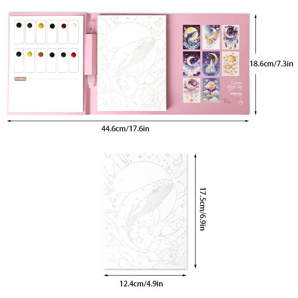 One set Watercolor Painting Set with Tri-Fold Book, Built-in 12 Colors & Stress Relief Note Paper for DIY Art Therapy Oasis Select