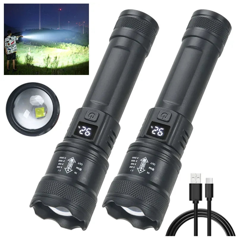 High Strong Power Led Flashlights Tactical Zoom Rechargeable Torch Built-in Battery Spotlights Outdoor Camping Emergency Lantern Oasis Select 2PCS ZOOM Built in battery