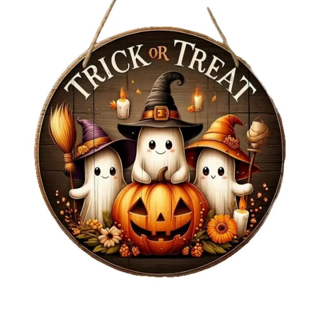 Halloween Wooden Wreath Logo Retro Pumpkin Head Horror Art Decoration Home Garden Courtyard Wooden Hanging Pendant Outdoor Props Oasis Select Style 12