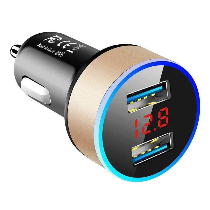 1/2pcs Car Charger For Cigarette Lighter Smart Phone USB Adapter Mobile Phone Charger Dual USB Digital Display Voltmeter Oasis Select Gold