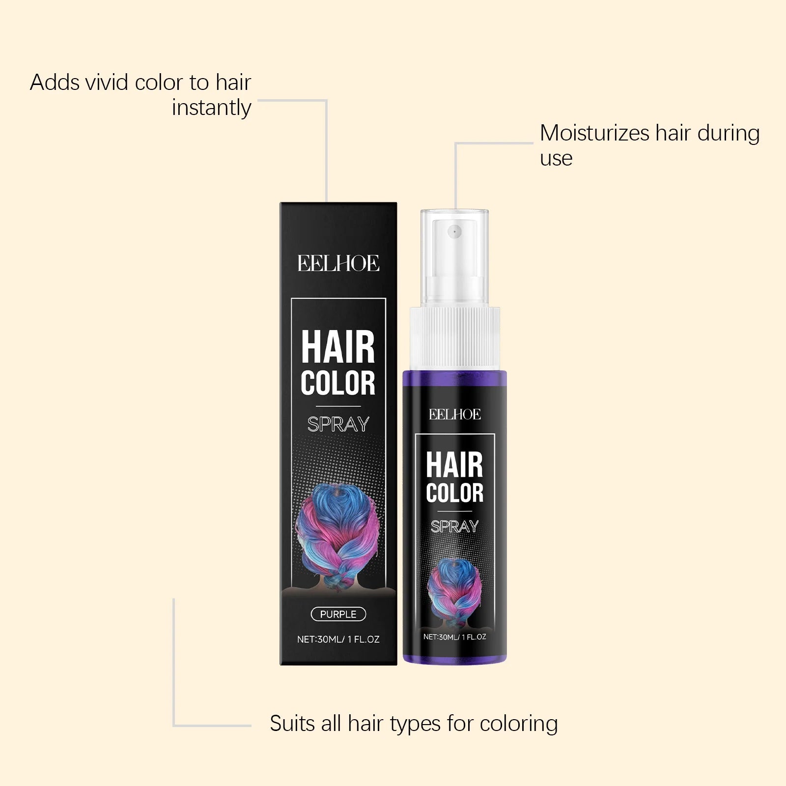 Hair Color Spray Temporary Hair Dye Purple Instant Color Washable Party Cosplay Hair Styling Root Touch Up Costume Wig 30ml Oasis Select