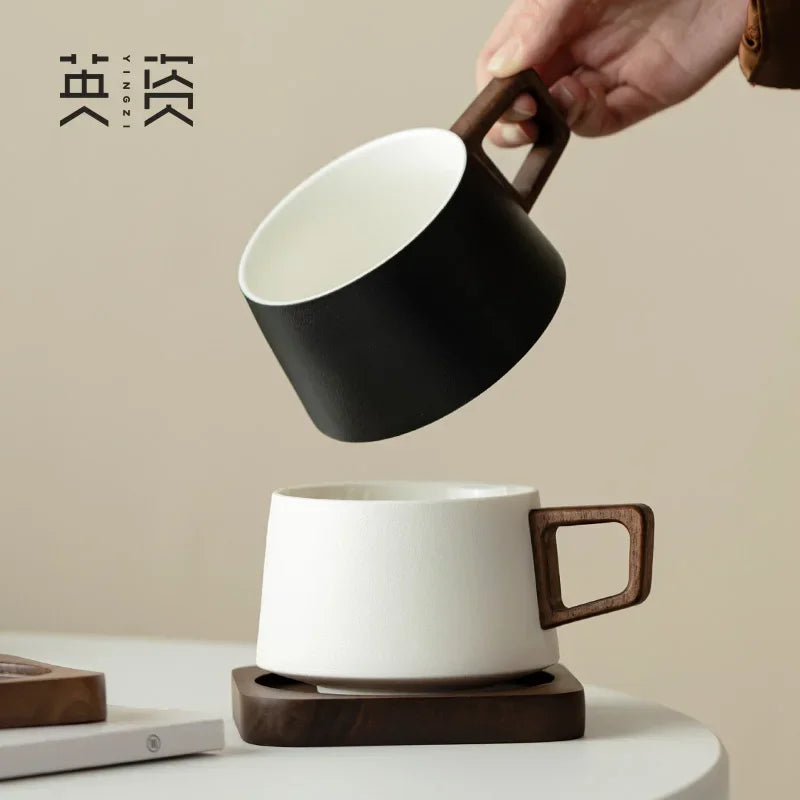 Coffee Cup Solid Wood Coaster Set Ceramic High-grade Exquisite Household Drinking Mug Milk Cup Oasis Select