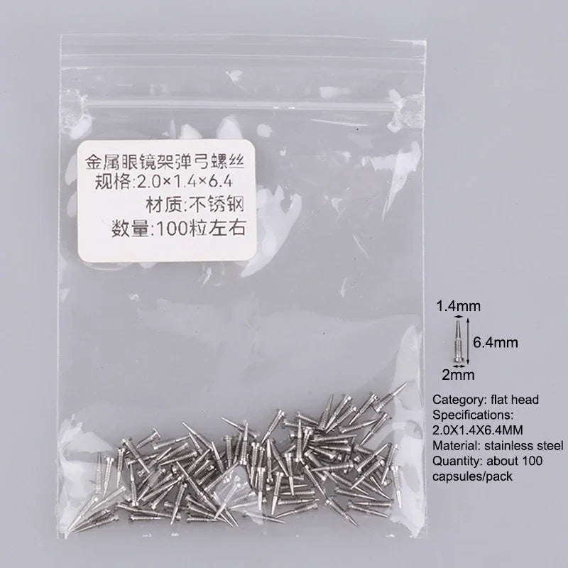 100Pcs Glasses Spring Hinge Screws Optical Eyewear Accessories Pointed End Self Aligning Screw Repair Supplies Oasis Select 2.0x1.4x6.4