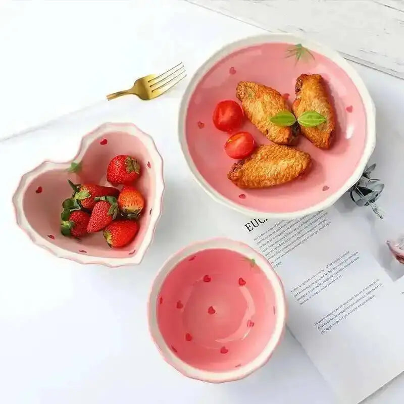 Strawberry Love Pink Plate And Bowl Ceramic Tableware Hand-painted Plate For Household Girls And Kids Oasis Select