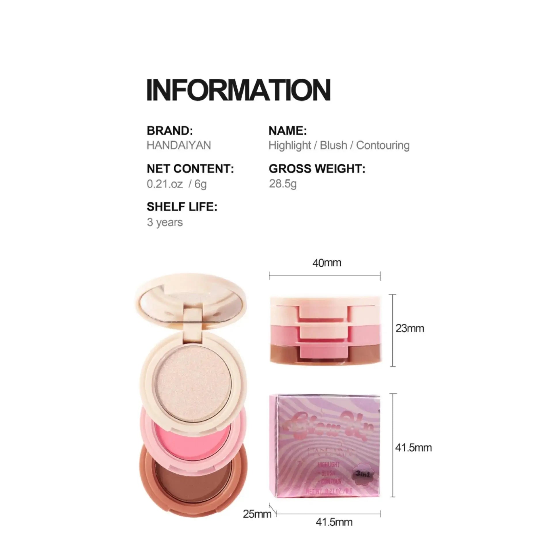 Handaiyan 3-in-1 Highlighter Blush & Contour Palette