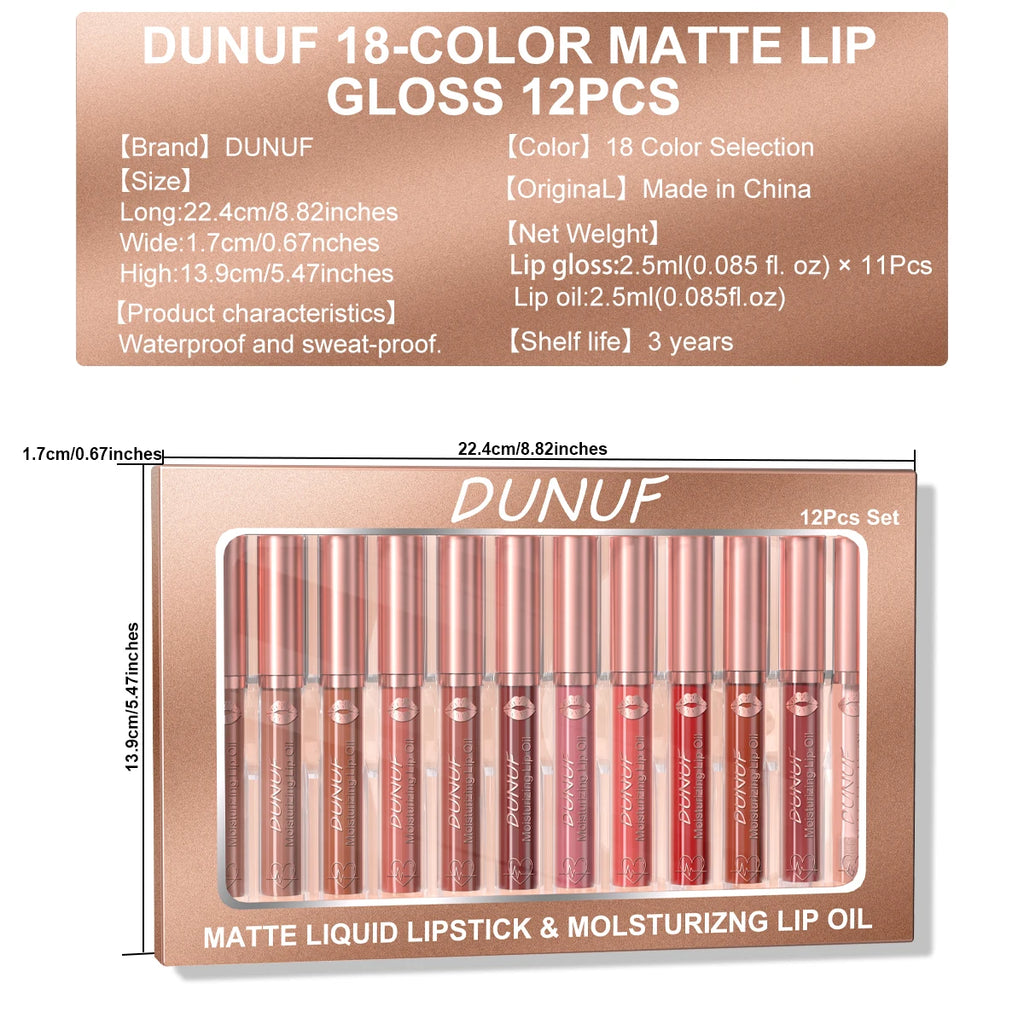 DUNUF 12 Pcs Matte Lipstick Lip Gloss Waterproof Long-lasting Easy Coloring Beginner Friendly Non-stick Cup Shape Non-fading Moi Oasis Select