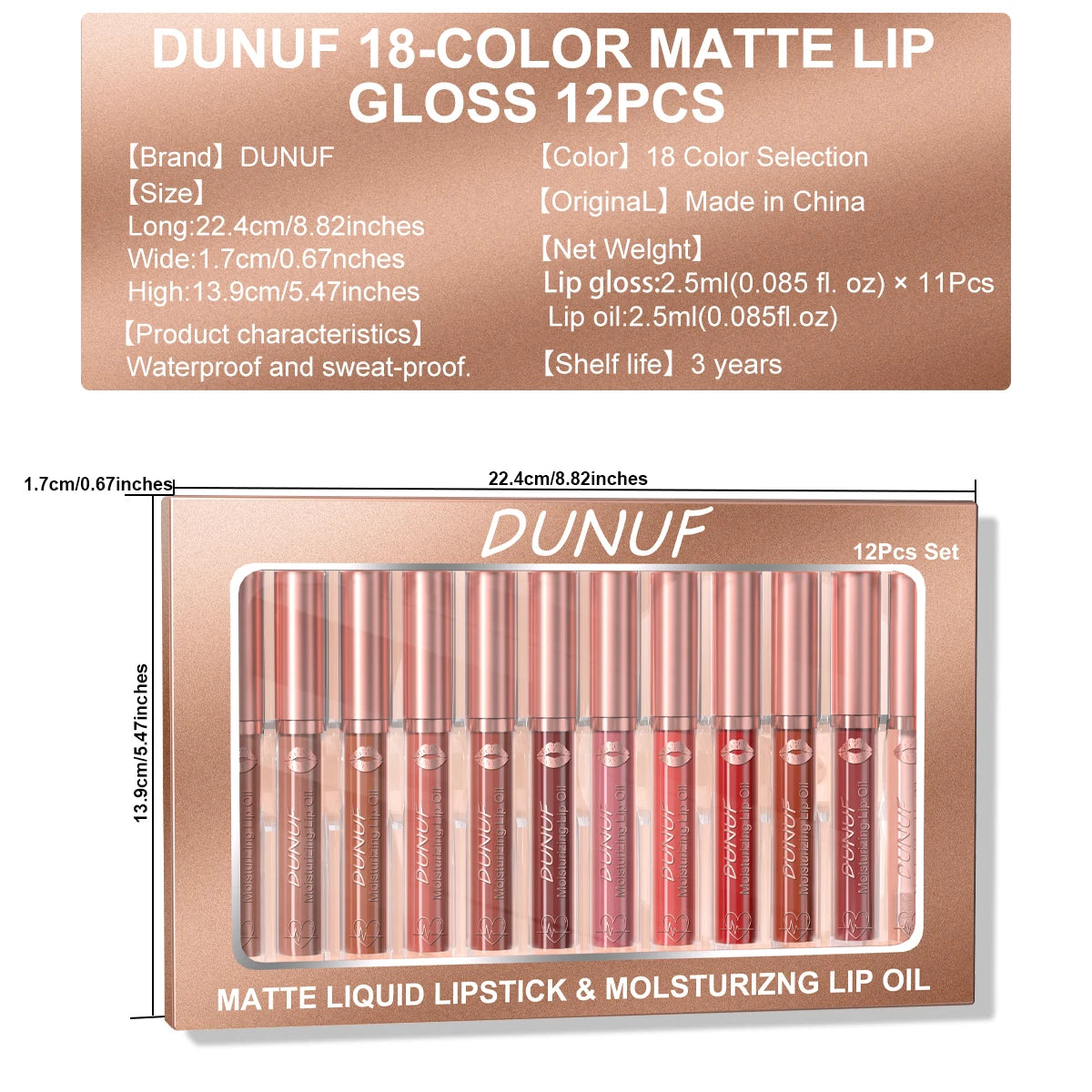 DUNUF 12 Pcs Matte Lipstick Lip Gloss Waterproof Long-lasting Easy Coloring Beginner Friendly Non-stick Cup Shape Non-fading Moi Oasis Select