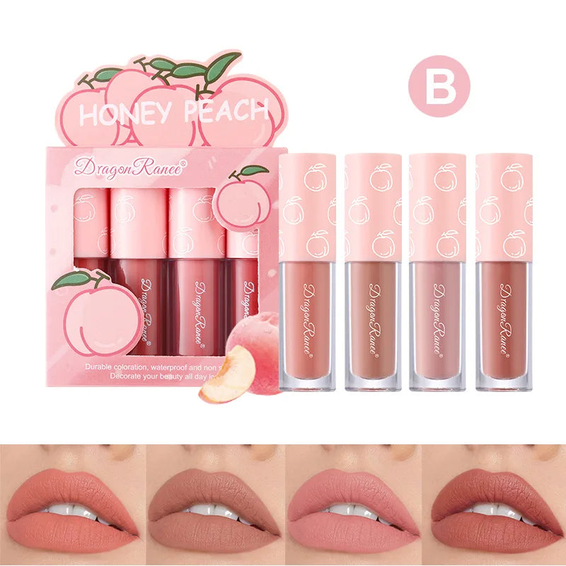 Dragon Ranee 4-Piece Velvet Matte Lip Gloss Set – Fruit Scented