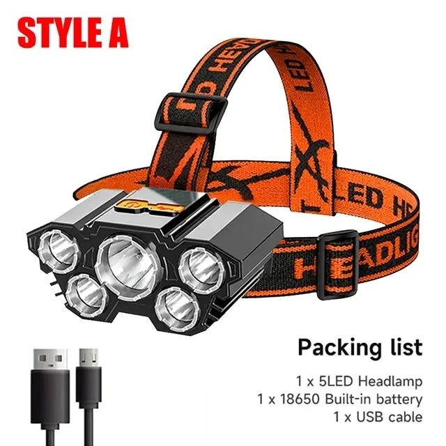 KDULIT 5 LED USB Rechargeable Headlamp | Camping & Fishing