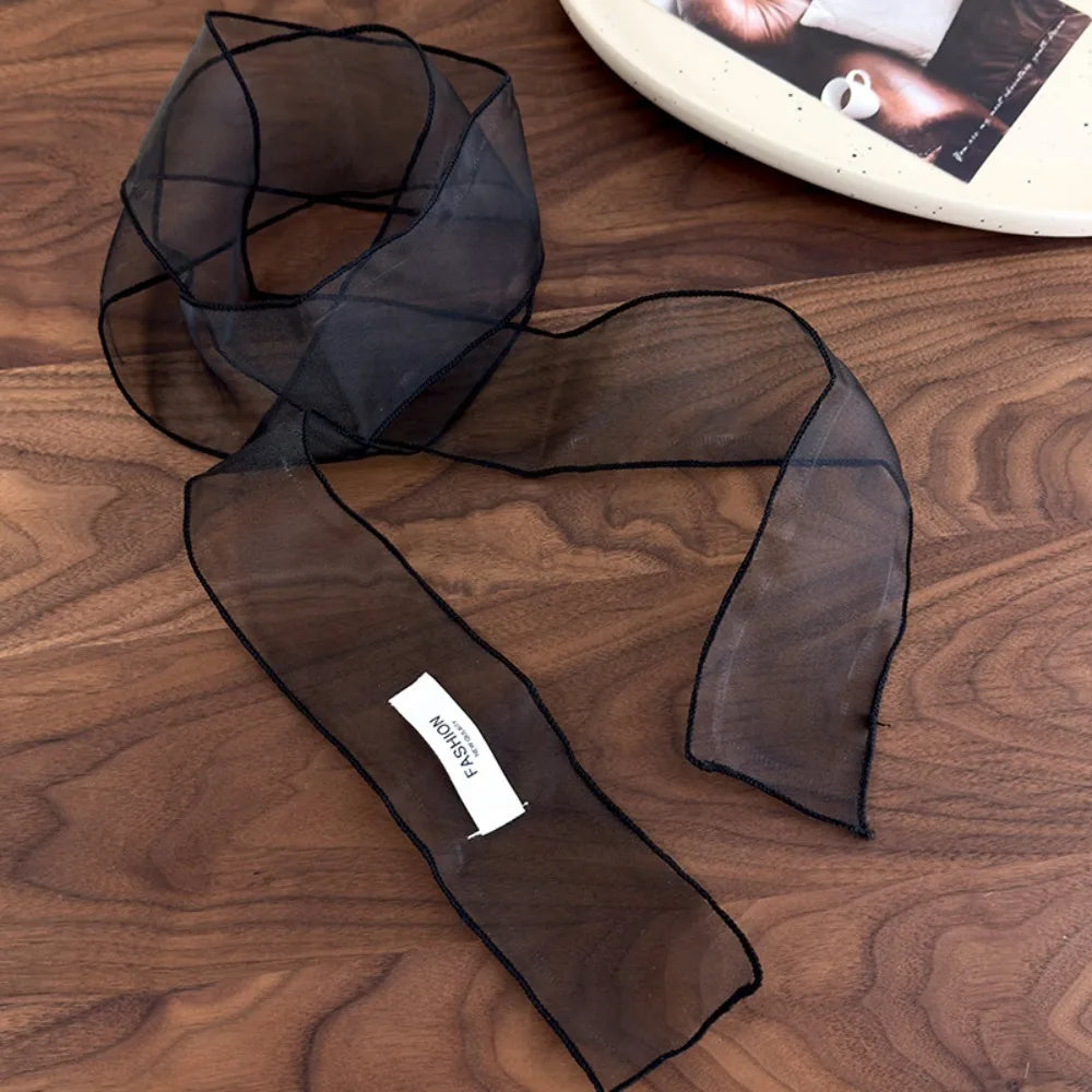 Decorative Solid Color Silk Scarf Y2K Thin Organza Headscarf Narrow Scarf Beach Oasis Select Black