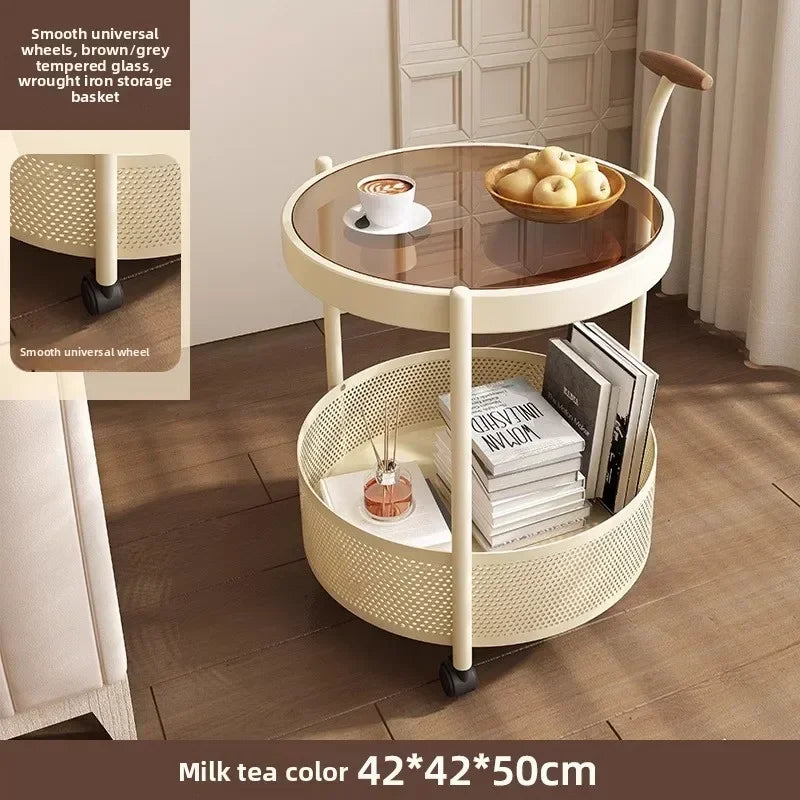 Multi-functional French light luxury movable glass trolley side table living room sofa small coffee table bedroom bedside table Oasis Select Cream White-CHA