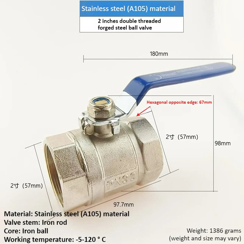 Stainless Steel Double Inner Thread Ball Valve 1/2 "3/4" 1 1.2 1.5 2 Inch BSPT Diameter Ball Valve Water Gas Oil Switch Oasis Select DN50 2 inches Double inner thread