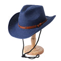 Foldable Unisex Wide Brim Straw Cowboy Hat, Sun Protection Western Cowgirl/Cowboy Hat, Summer Beach Sun Hat With Wind Lanyard Oasis Select Blue
