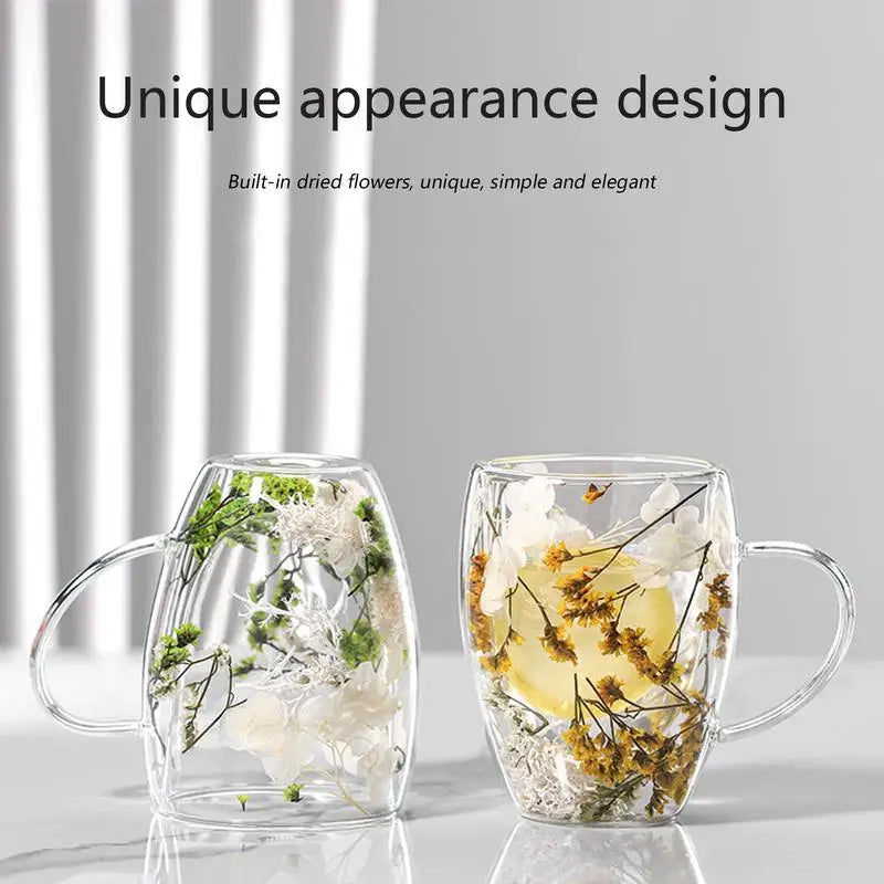 Double Wall Glass Cup Dried Flowers Glass Cup 350ml Anti-Scalding Mug Coffee Mug for Milk Chocolate Tea Juice Hot Cold Beverages Oasis Select