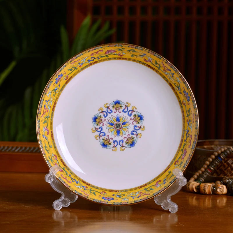 Jingdezhen Ceramic Bowl Household Bowl and Dish Set Tableware Combination Palace Chinese Bowl and Dish Hotel Clubhouse Oasis Select 7-inch Deep Plate