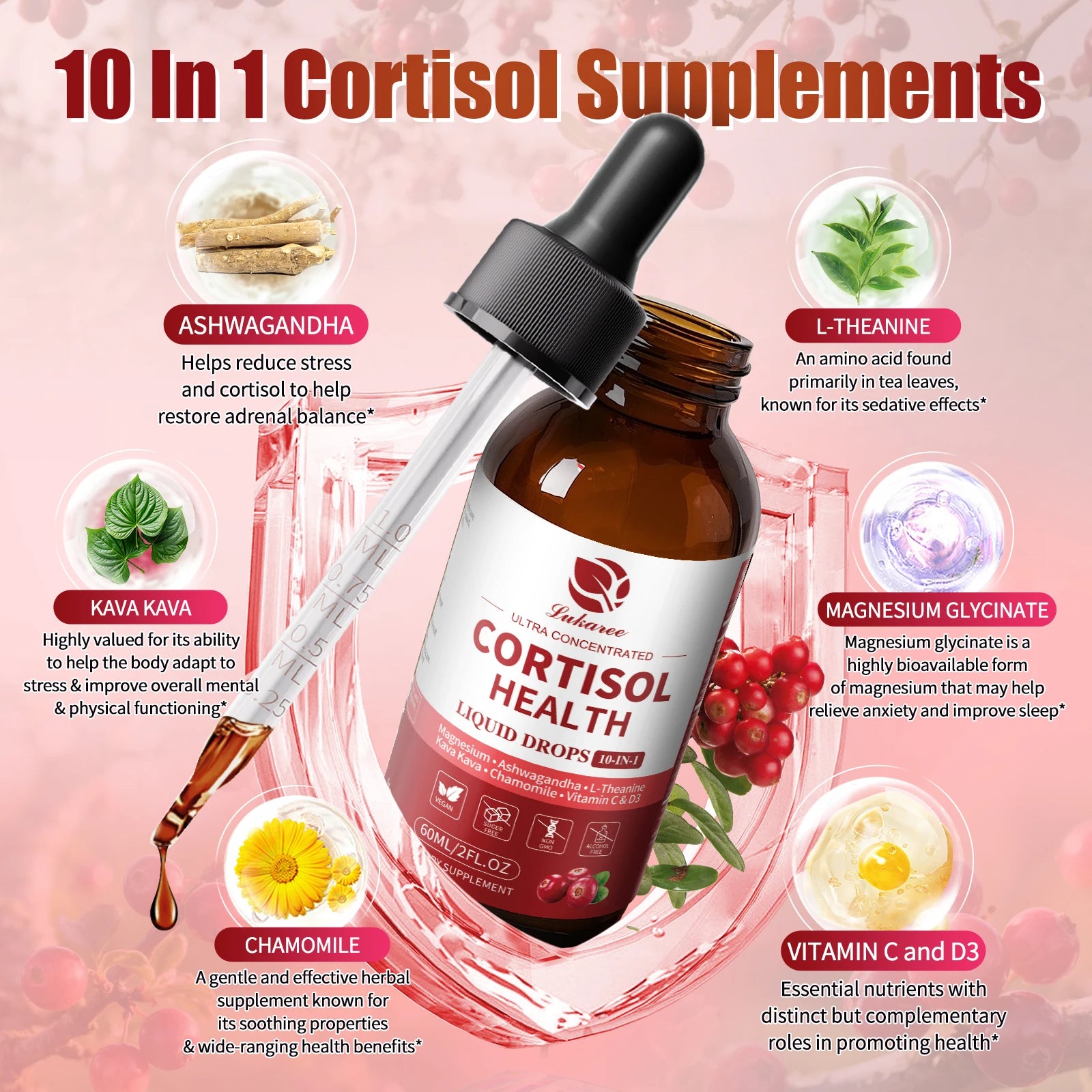Lukaree 60ML Cortisol Supplements for Women & Men with Magnesium,Kava Kava for Cortisol Reducer & Detox, Mood Focus,Sleep Health Oasis Select